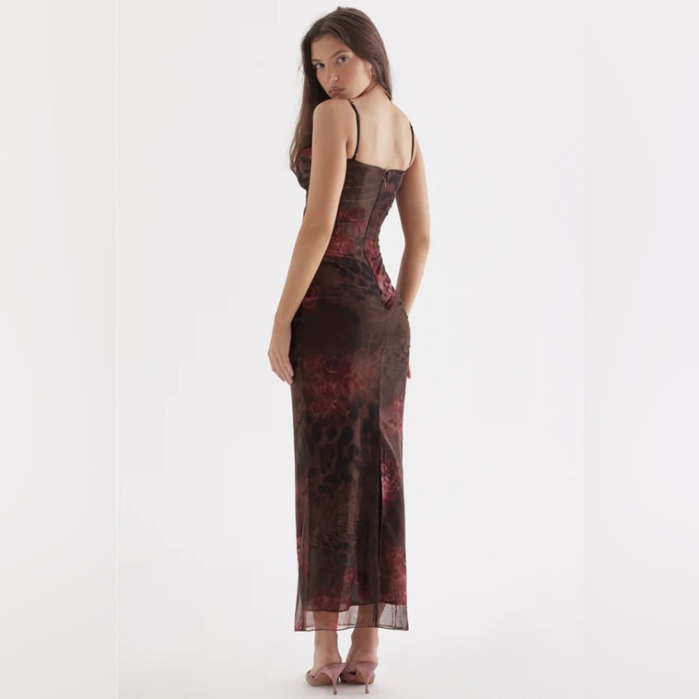 House of CB Nalini Brown and Red Floral Mesh Maxi Dress - Picture 2 of 12